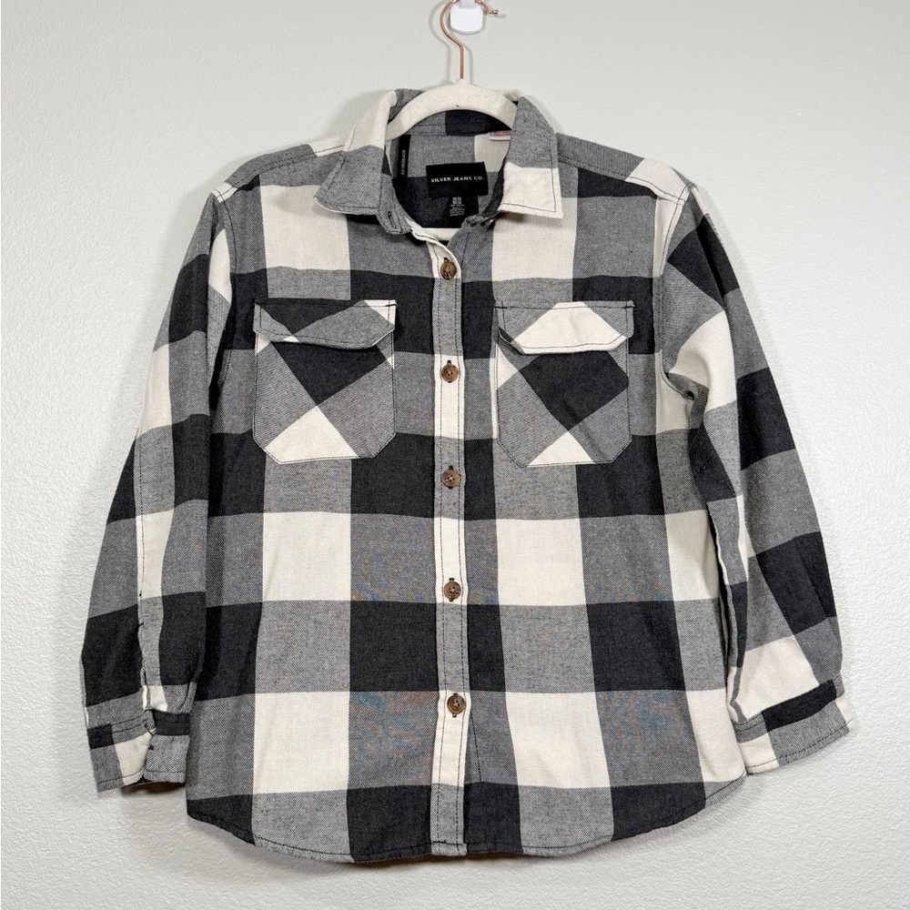 Silver Jeans Shirt Checker Button Down Black White Boyfriend Flannel Kid Girl M